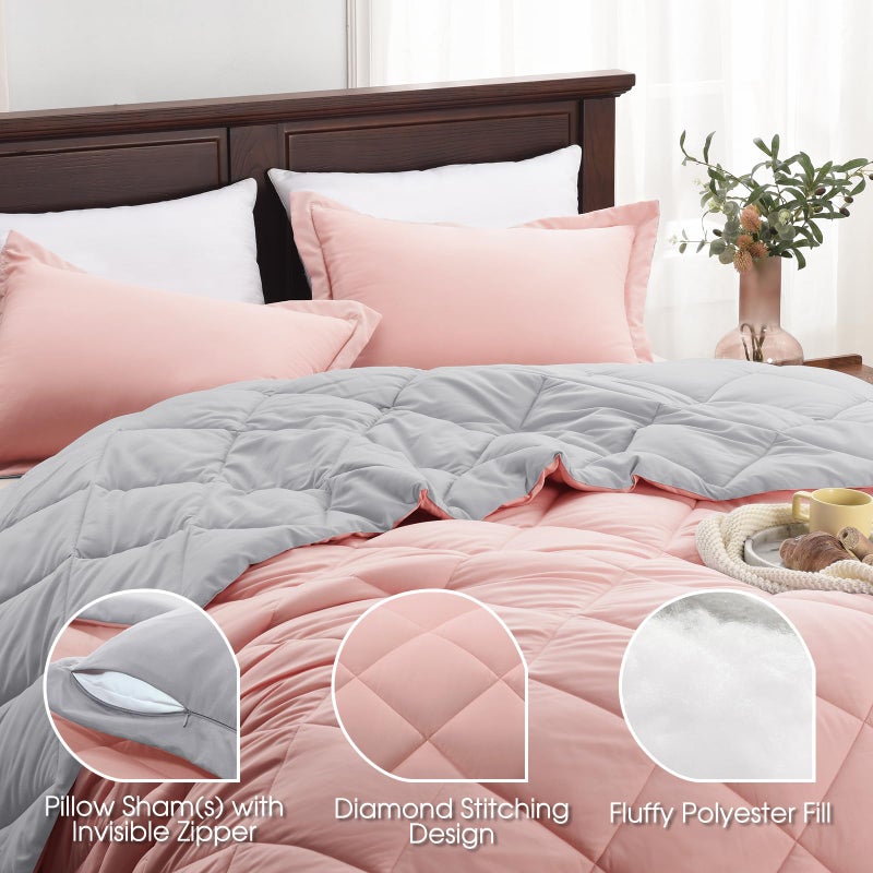 Basic Beyond Queen Comforter Set - Pink and Grey Comforter Set Queen, Reversible Bed Comforter Queen Set for All Seasons, Baby Pink/Grey, 1 Comforter (88"x92") and 2 Pillow Shams (20"x26"+2") - Image 4